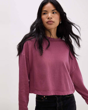 Women's Relaxed Crop Long Sleeve Tee in Burgundy | Richer Poorer